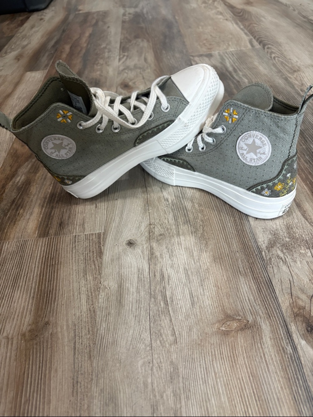 Converse Kids High Top Sneakers in Olive Green with Yellow Floral Accents